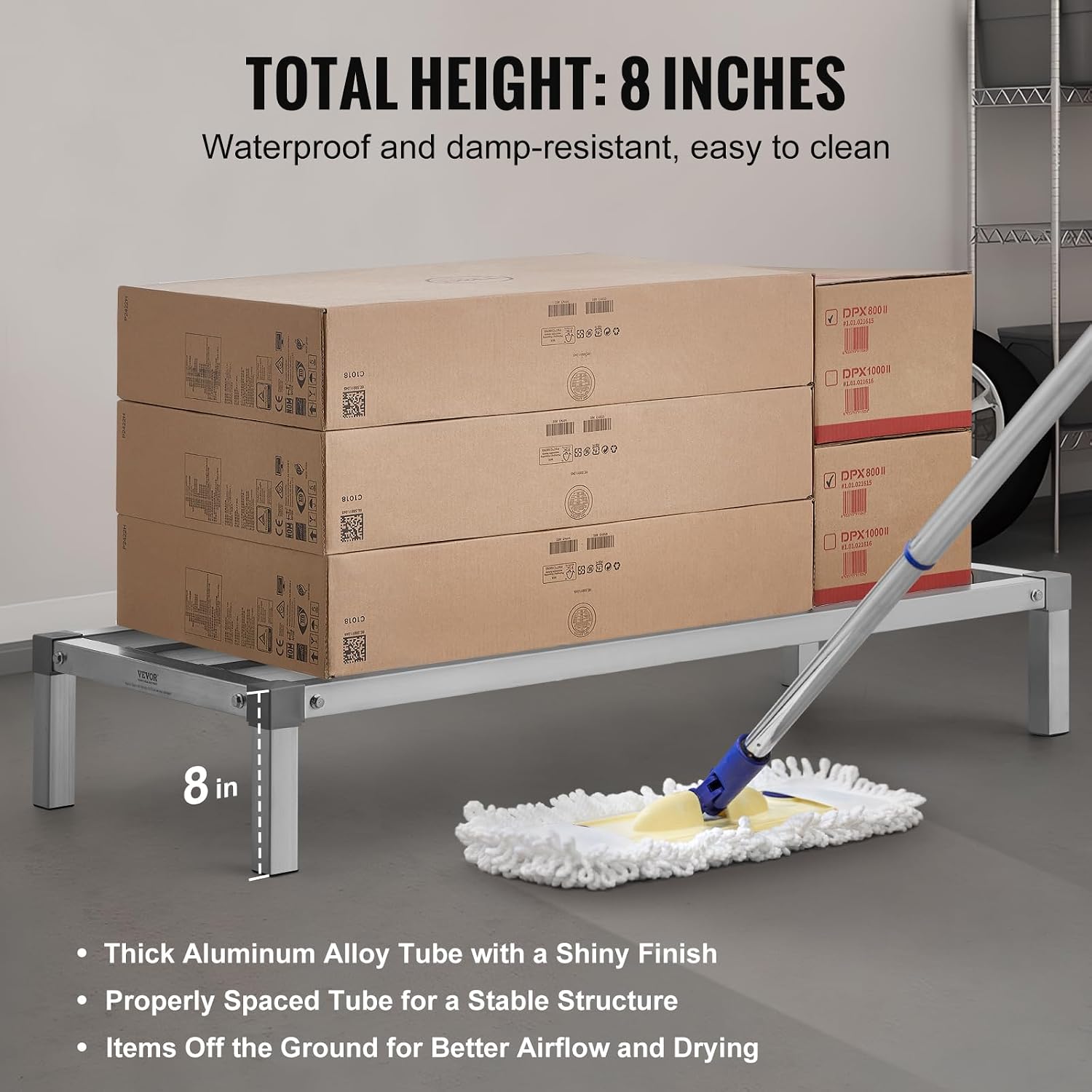 VEVOR Aluminum Dunnage Rack, 48” x 20” Commercial Food Floor Rack, 8” Off the Floor, 1000 lbs Capacity All-Welded Aluminum Storage, for Storage in Restaurants, Kitchens, Garages and Vehicles