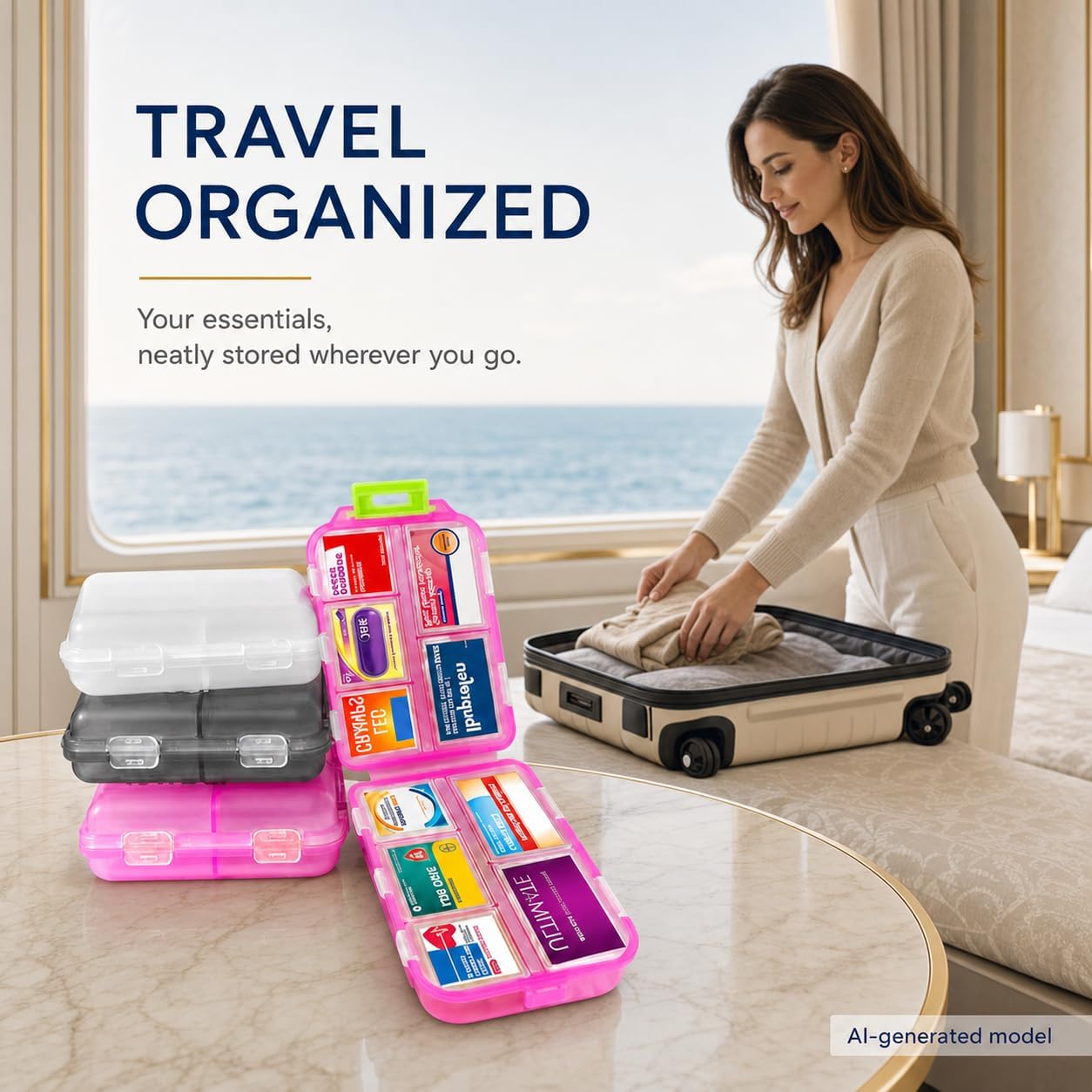 3 Pack Large Pill Organizers with Medicine Labels, Pink White Grey