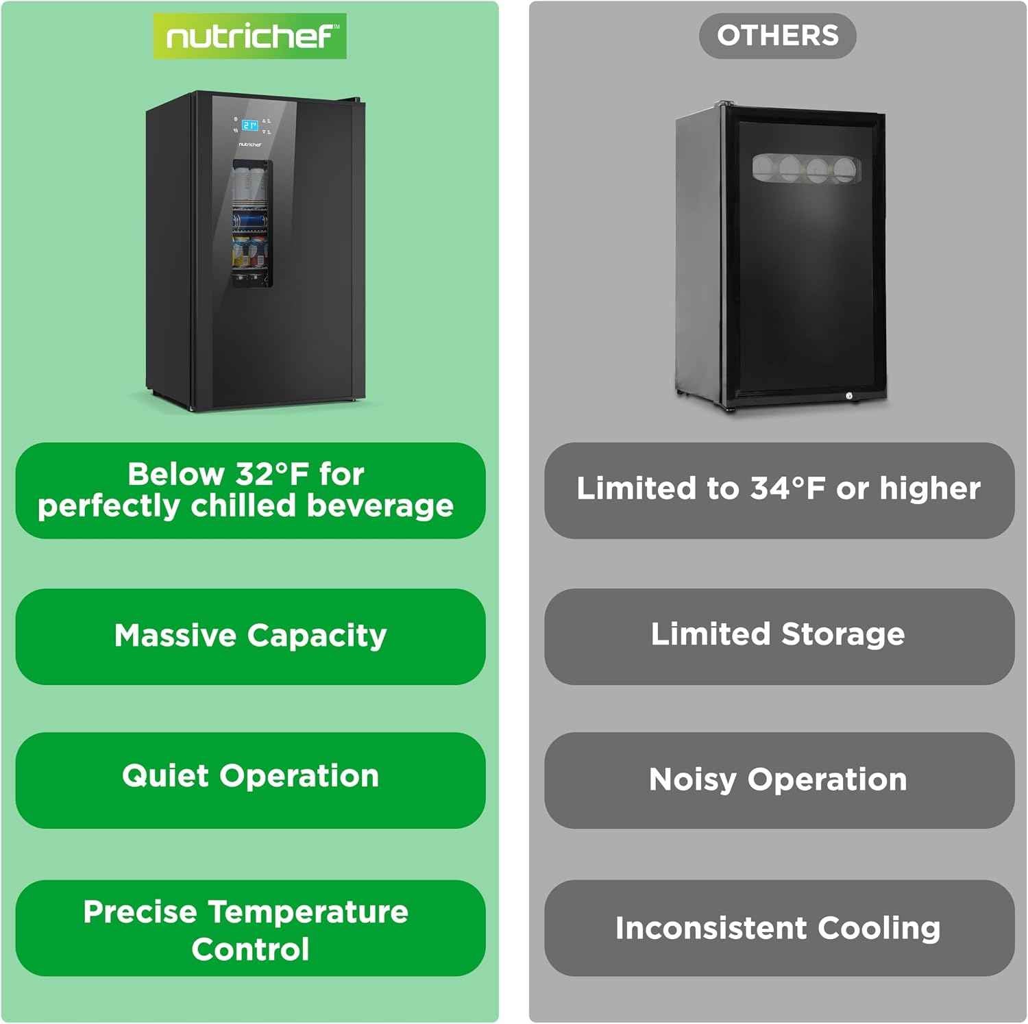 Nutrichef Beer Fridge 108 Can Capacity | Freestanding Beverage Refrigerator with Glass Door for Beer & Soda | Adjustable Temperature 21°F to 64°F | Adjustable Shelves | 19 x 17 x 33 IN | Black