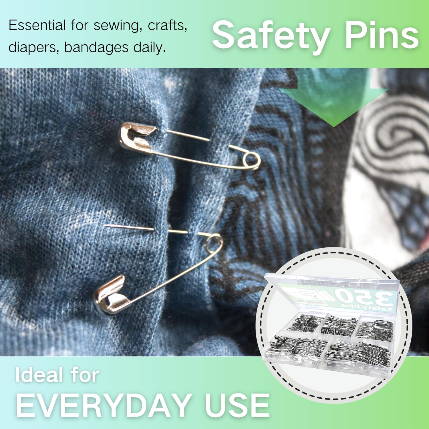 350 Pack Silver Safety Pins for Clothes 5 Assorted Sizes Strong Heavy Duty