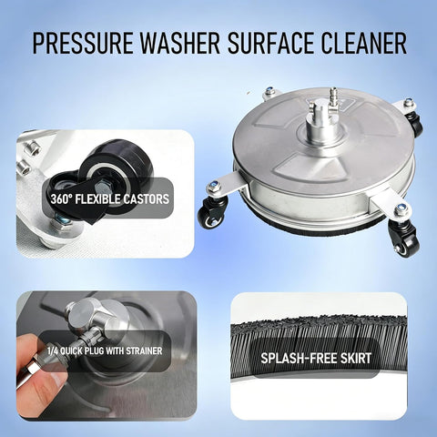 Hourleey 14" Pressure Washer Surface Cleaner, Stainless Steel Surface Cleaner with 4 Wheels for Concrete, Patio, Sidewalk, Deck, Pathway 1/4" Quick Connector, 2 Extension Wand, 4000 PSI