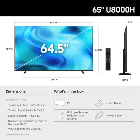 Samsung 65-Inch Class U8000H Series Crystal UHD, 4K, Smart TV, 2026 Model