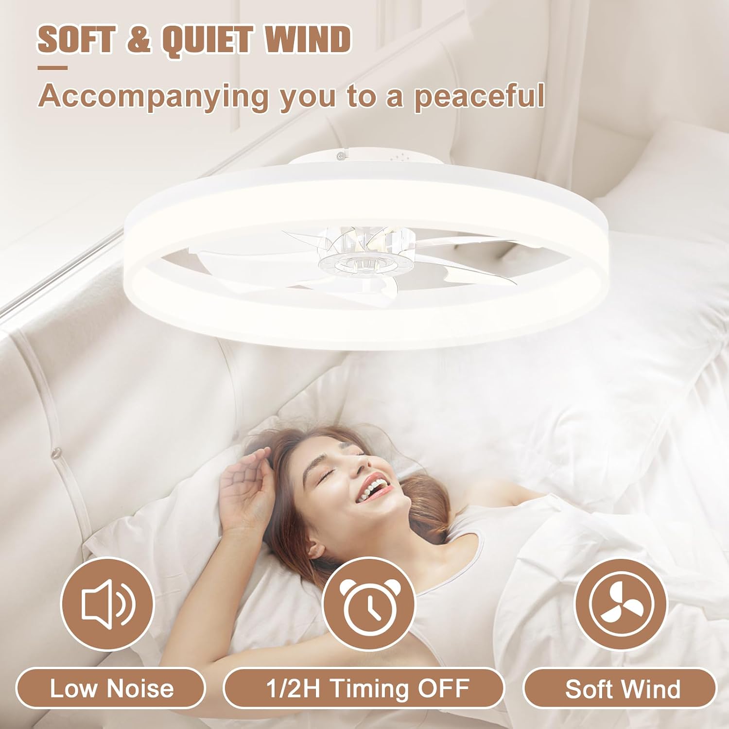 VOLISUN Low Profile Bladeless Ceiling Fans with Dimmable LED Light, 23.6in Flush Mount for Bedroom (White)