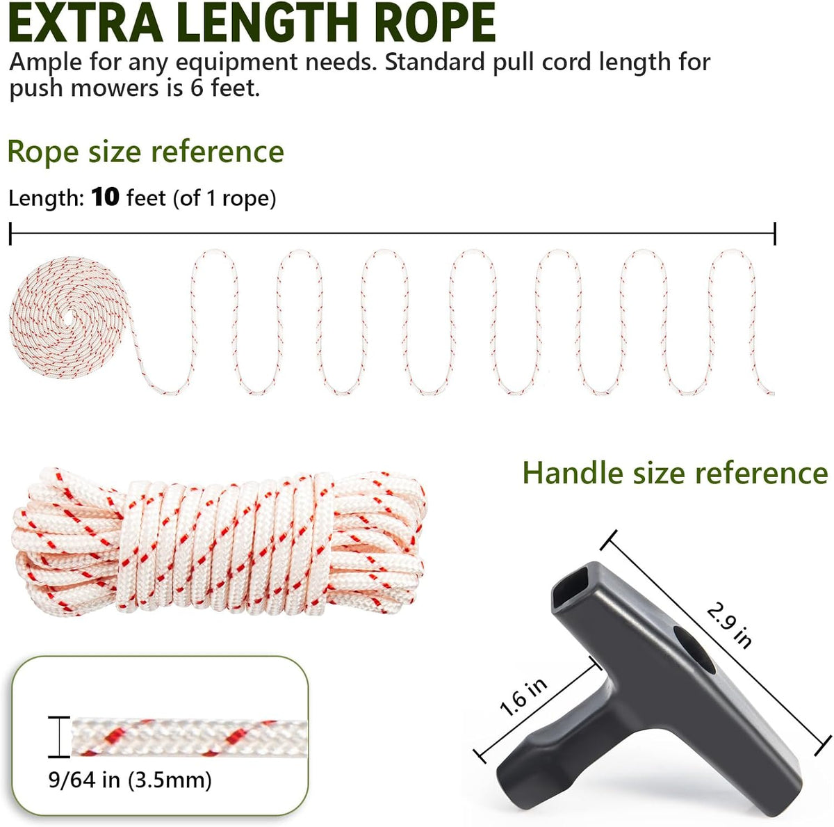 3 Pack, 10 ft x 9/64" (3.5mm) Pull Cord Rope with Handle