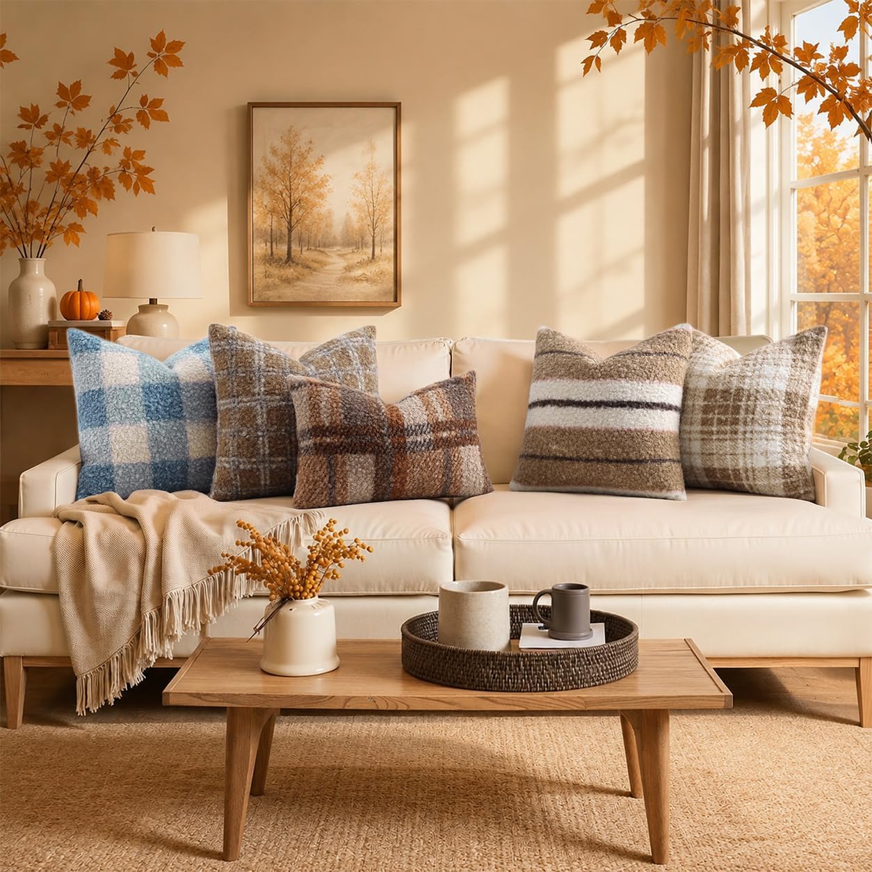 decorUhome Faux Fur Plaid Throw Pillow Covers 18X18 Set of 2 Dusty Blue