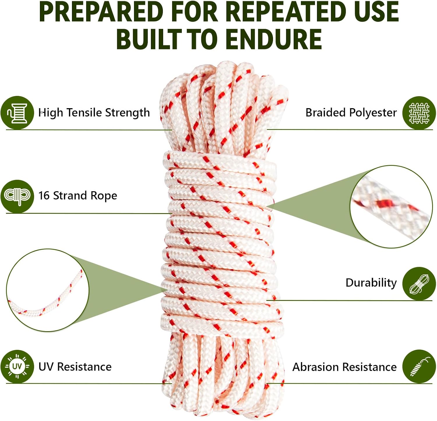 3 Pack, 10 ft x 9/64" (3.5mm) Pull Cord Rope with Handle