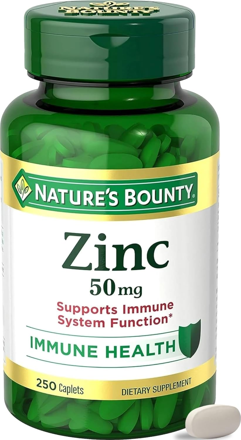 Nature’s Bounty Zinc 50mg, Immune Support & Antioxidant Supplement, Promotes Skin Health, 1 Caplet Per Day, Gluten Free, 250 Vegetarian Caplets