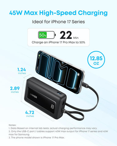 Anker Power Bank,20,000mAh 45W Portable Charger,Dual Built-in USB-C Cables