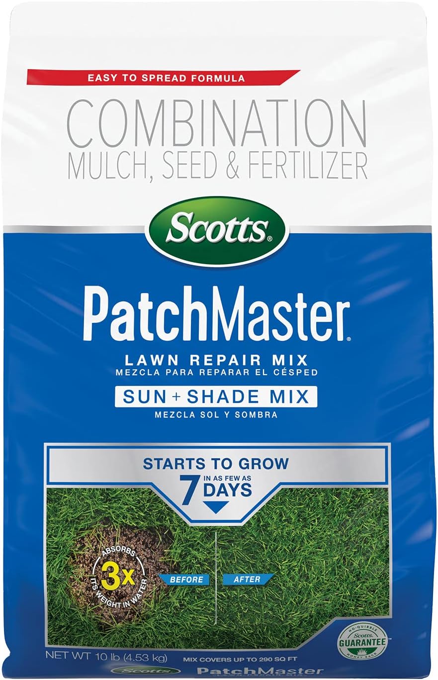 Scotts PatchMaster Lawn Repair Mix Sun and Shade Mix - 10 lb, All-in-One Bare Spot Repair, Feeds for Up to 6 Weeks, Fast Growth and Thick Results, Covers Up to 290 sq. ft.