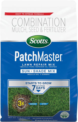 Scotts PatchMaster Lawn Repair Mix Sun and Shade Mix - 10 lb, All-in-One Bare Spot Repair, Feeds for Up to 6 Weeks, Fast Growth and Thick Results, Covers Up to 290 sq. ft.
