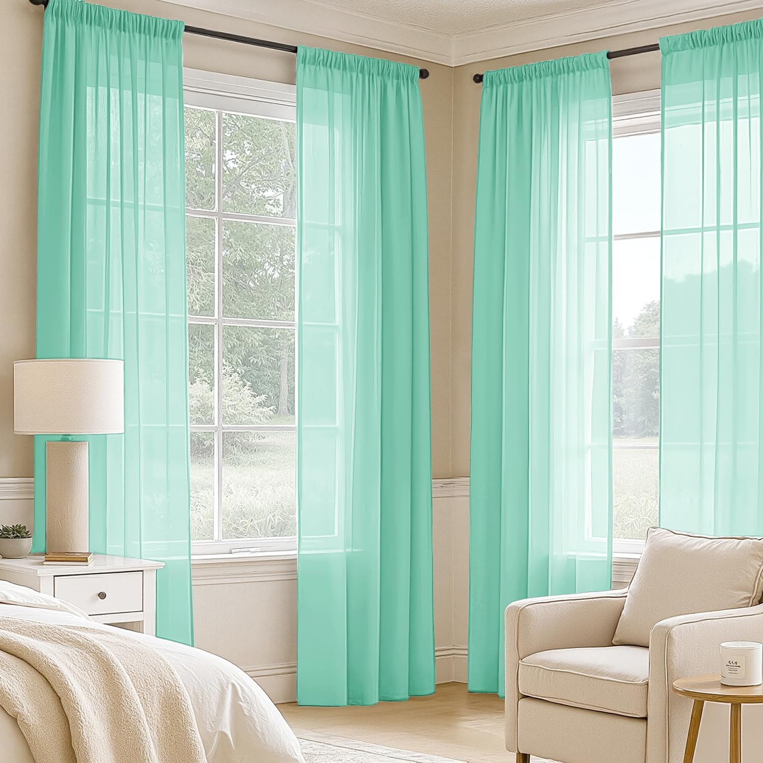 MIULEE Aqua Sheer Curtains 90 Inches Long 4 Panels 42 x 90 Inches
