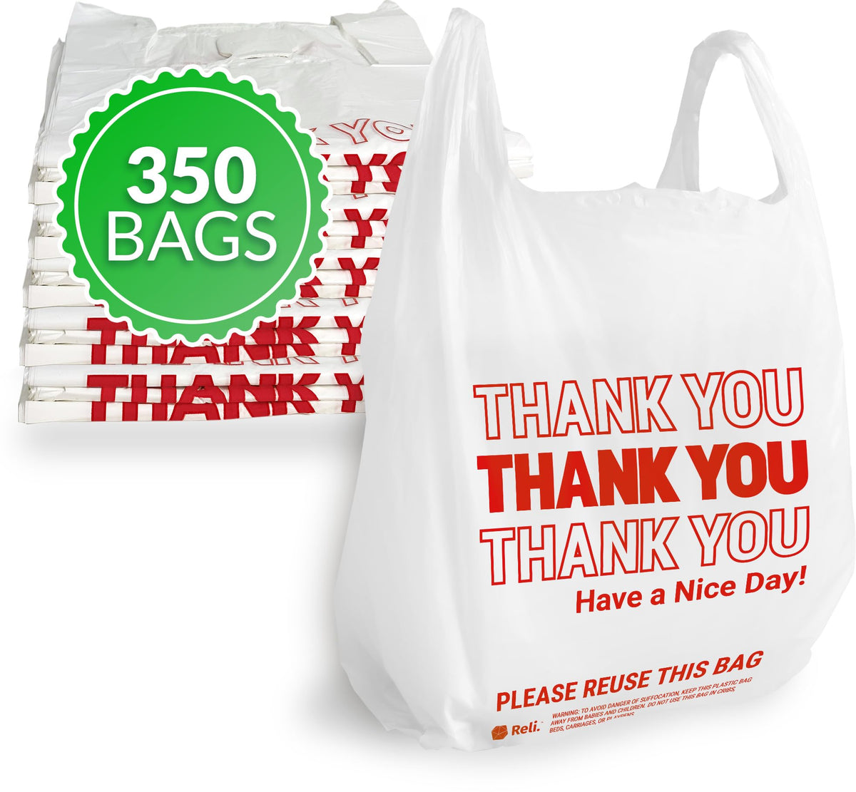 Reli. Thank You Plastic Bags (350 Count) (11.5" x 6.5" x 21") (White) - Grocery, Shopping Bag, Restaurants, Convenience Store