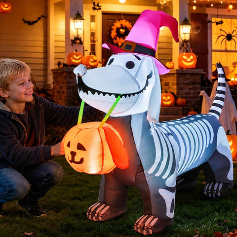 GOOSH 5.5 FT Halloween Inflatables Outdoor Decorations Skeleton Puppy Inflatable Yard Decoration with Build-in LEDs Blow Up Pumpkin for Halloween Party Indoor Outdoor Yard Garden
