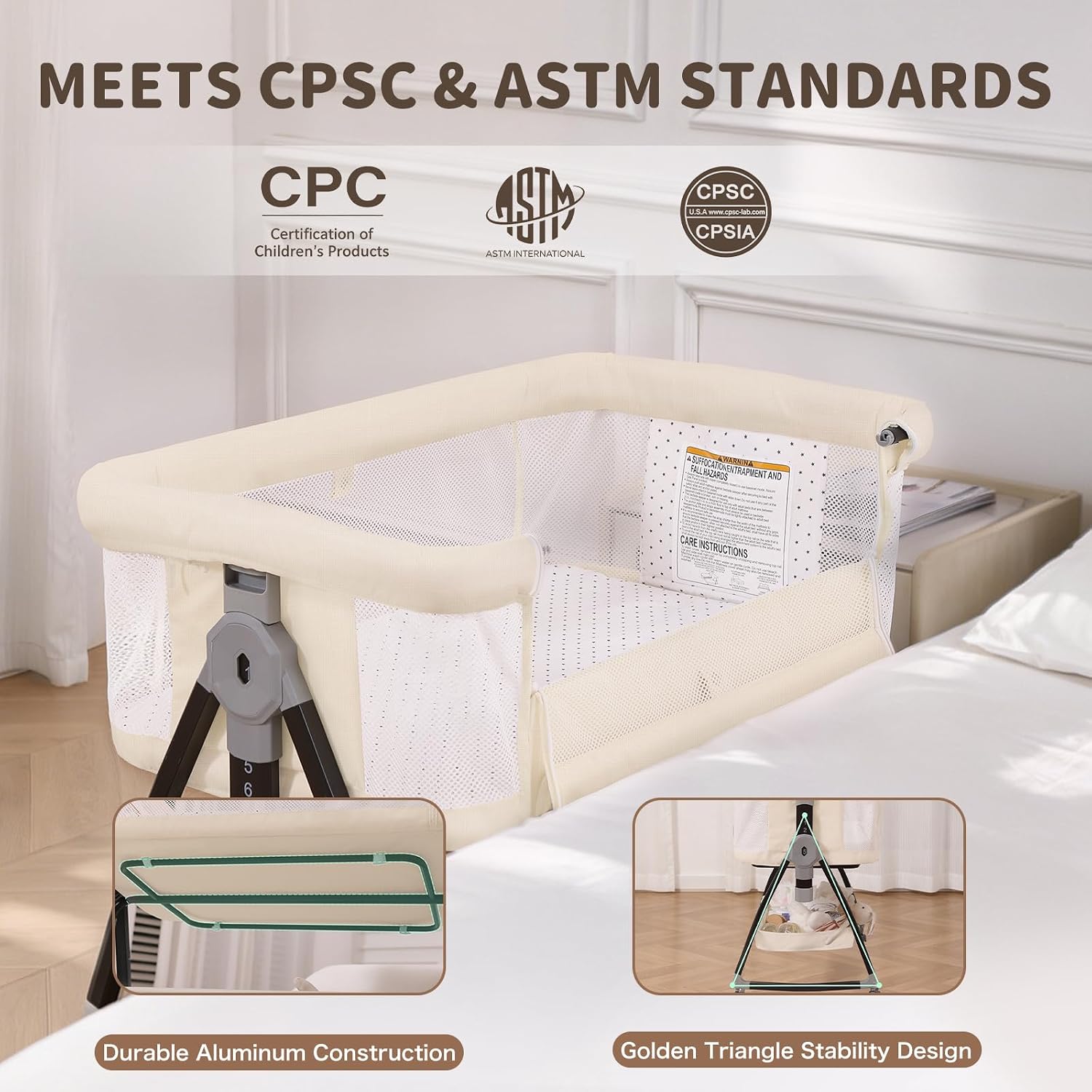 Baby Bassinet, 3-in-1 Bedside Bassinets for Baby, Bassinet Sleeper with Wheels, Baby Bedside Crib with Breathable Mesh, Mosquito Net, 6 Height Adjustable, Large Storage Basket, Easy Assemble & Folding
