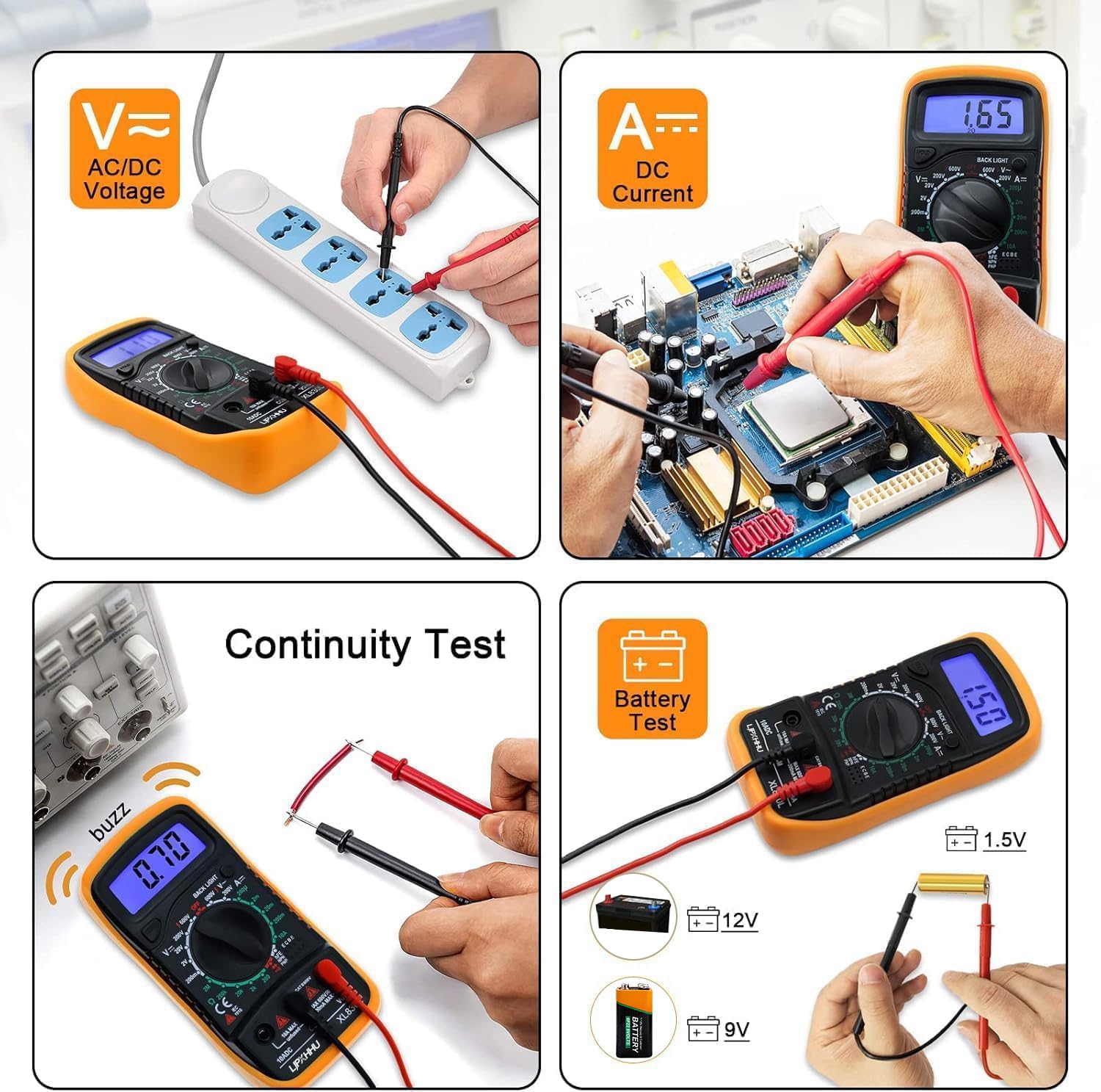 Digital Multimeter Voltmeter Battery Voltage Multi Tester Continuity Ohm Volt Amp DC AC Current Resistance Diodes 2000 Counts Electrical Test Meter with Leads Backlight LCD Display