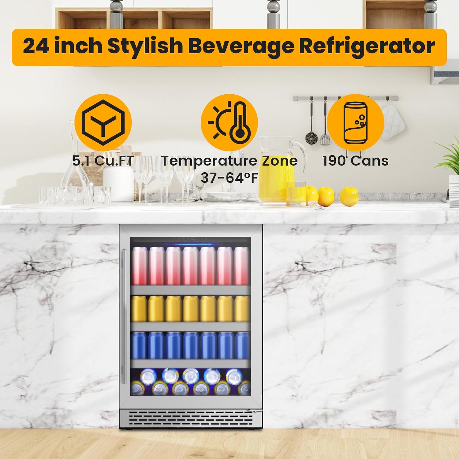 24 Inch Beverage Refrigerator,190 Cans Freestanding/Under Counter Beverage Fridge with Glass Door,Air Cooling Wine Beverage Cooler with Reversible Door,Memory Function for Wine,Beer and Soda