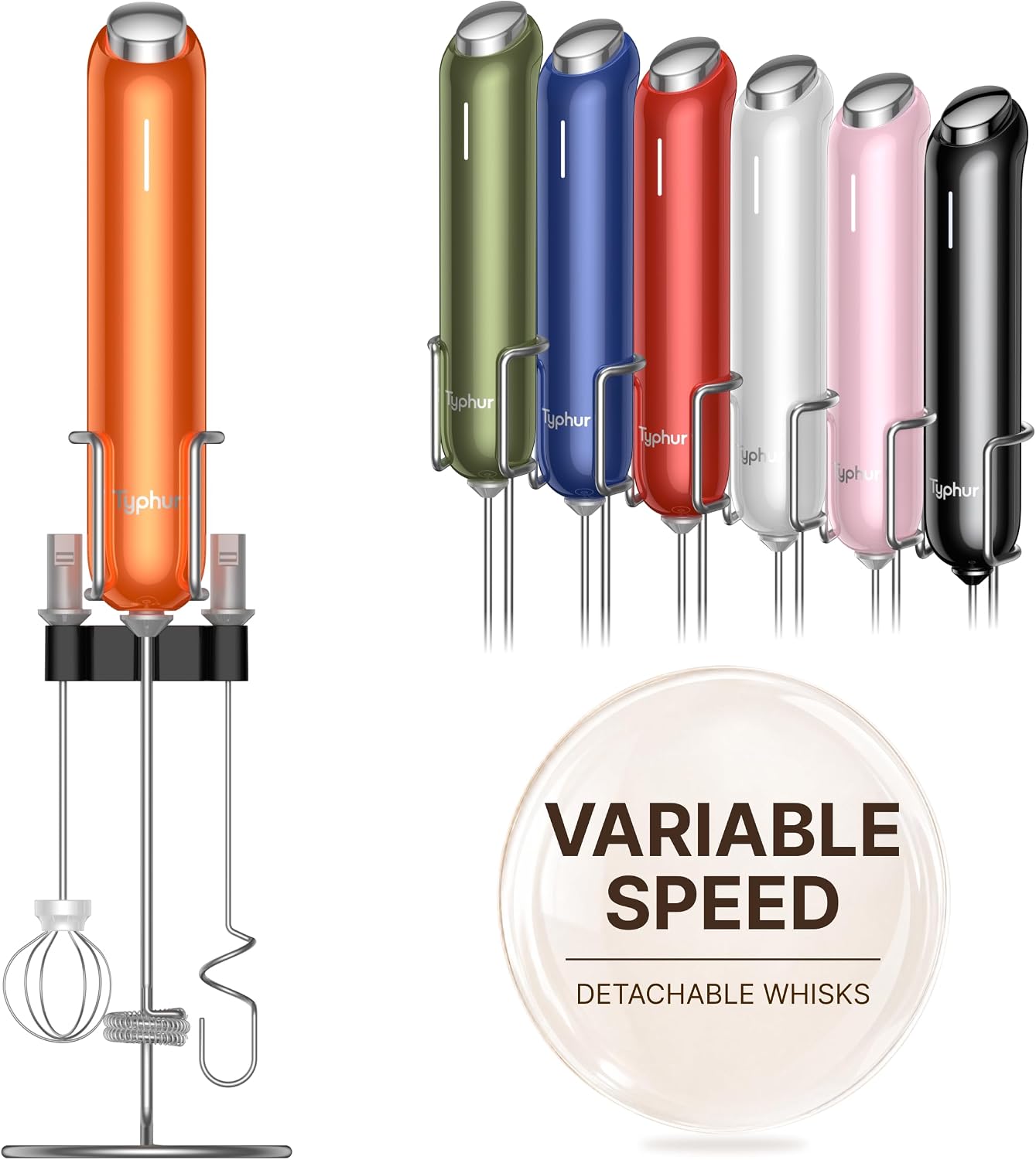 InstaWhisk Upgraded Milk Frother with Variable Speed - Rechargeable Handheld Coffee Frother Wand with Detachable Whisks, Electric Drink Mixer for Latte, Cappuccino, Almond Milk, Protein, Orange