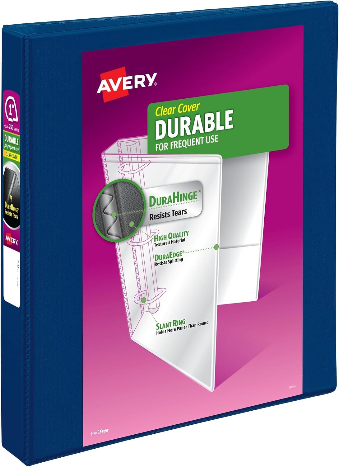 Avery Durable View 3 Ring Binder, 1 Inch Slant Rings, 250-Sheet Capacity, DuraHinge, 1.4 Inch Wide Spine, Customizable Clear Covers and Spine, 1 Dark Blue Binder (17014) (Pack of 12)