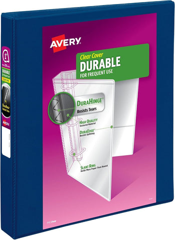 Avery Durable View 3 Ring Binder, 1 Inch Slant Rings, 250-Sheet Capacity, DuraHinge, 1.4 Inch Wide Spine, Customizable Clear Covers and Spine, 1 Dark Blue Binder (17014) (Pack of 12)