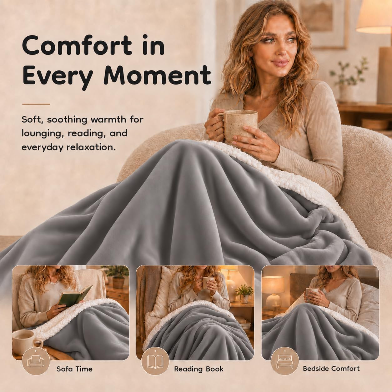 LaffyLo Electric Heated Blanket Full Size 72"x 84", Flannel & Sherpa for Bed, Sofa and Couch, ETL Certified, 10 Heat Settings, 1-12H Timer, Overheat Protection, Machine Washable, Light Grey