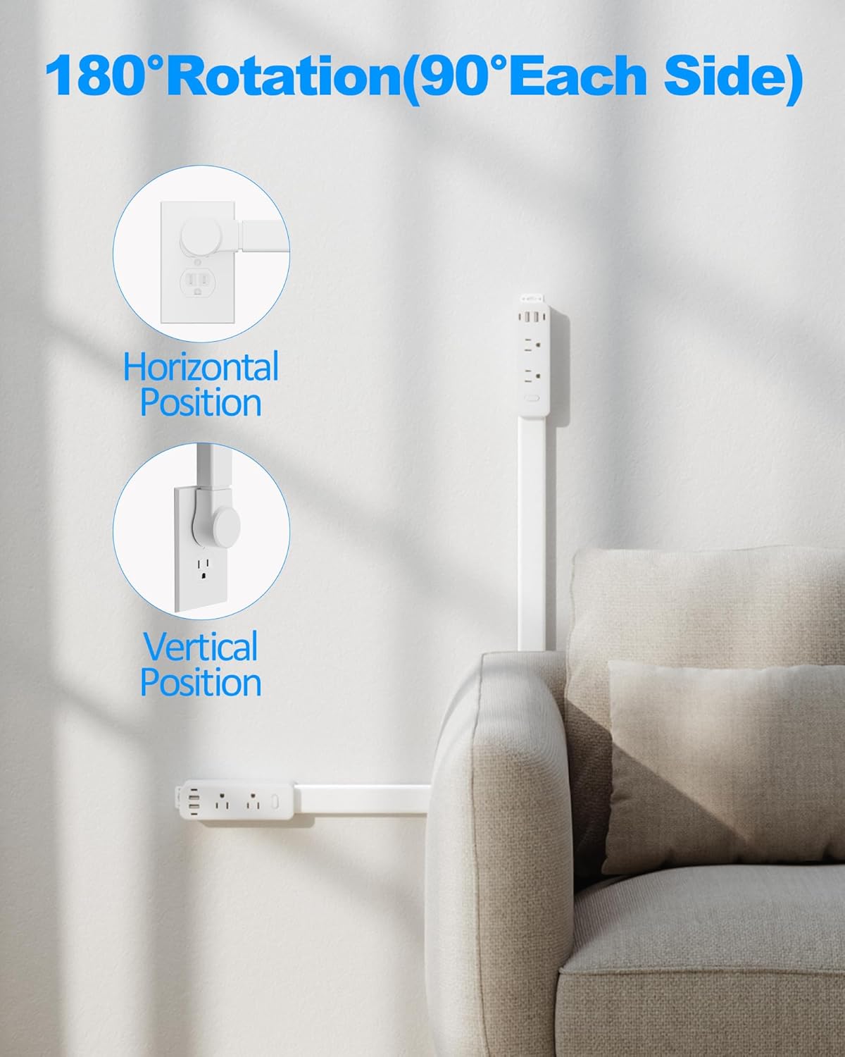 Olcorife Outlet Extender Stick, Power Strip with 6 Outlets & 4 USB Ports, Extends 22"-34", Rotates 180°(90° per Side), Home Dorm Essential for Nightstand, Couch and Desk