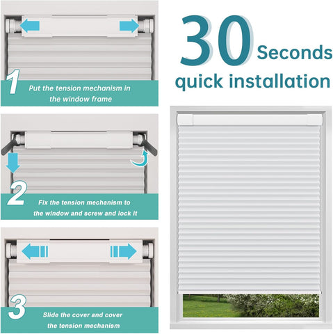 No Drill No Tools Blackout Cellular Shades,Cordless Blinds for Indoor Windows,Room Darkening Window Shades Honeycomb Blinds for Bedroom,Office,Home,White,28.5" w x 64" h