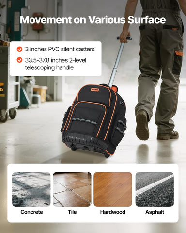 VEVOR Rolling Tool Backpack, 110 lbs Load Capacity, 45 Pockets Heavy Duty Roller Tool Bag on Wheels, Adjustable Telescoping Handle & Stable Base, Toolbag Organizers for Construction, Mechanic