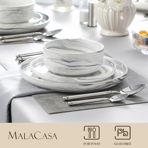 MALACASA 12 Pcs Porcelain Plates and Bowls Sets,Dinnerware Set for 4,Grey