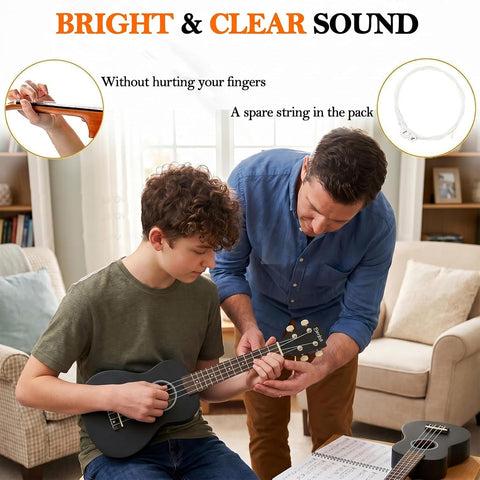 Everjoys Soprano Ukulele Beginner Kit 21 Inch w/Free Online Lesson Gig Bag Tuner Picks Strap, Fast to Learn (Black)