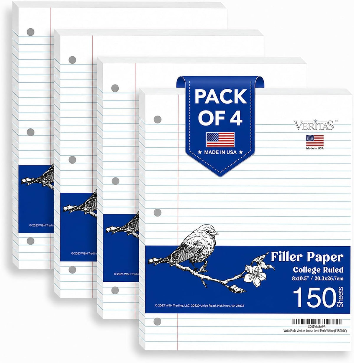 WritePads College Ruled Loose Leaf Paper, 600 Sheets Bulk Notebook Paper, 8"x10-1/2" 3 Hole Punched Filler Paper, Fits Standard 3-Ring Binder, 65lb Thick Paper, Made in USA