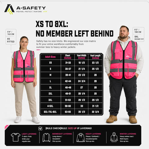 A-SAFETY High Visibility Reflective Vest with Multi-Color, Zipper, Pink, S