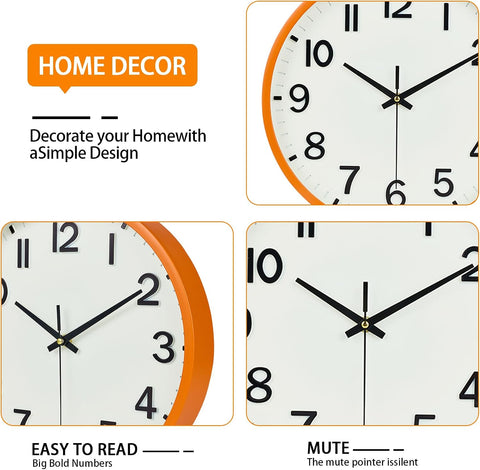 Wall Clock, Modern 8 Inch Small Wall Clocks Battery Operated, Silent Non-Ticking Analog Classic for Office, Home, Bathroom, Kitchen, Bedroom, School(Beige and Orange)