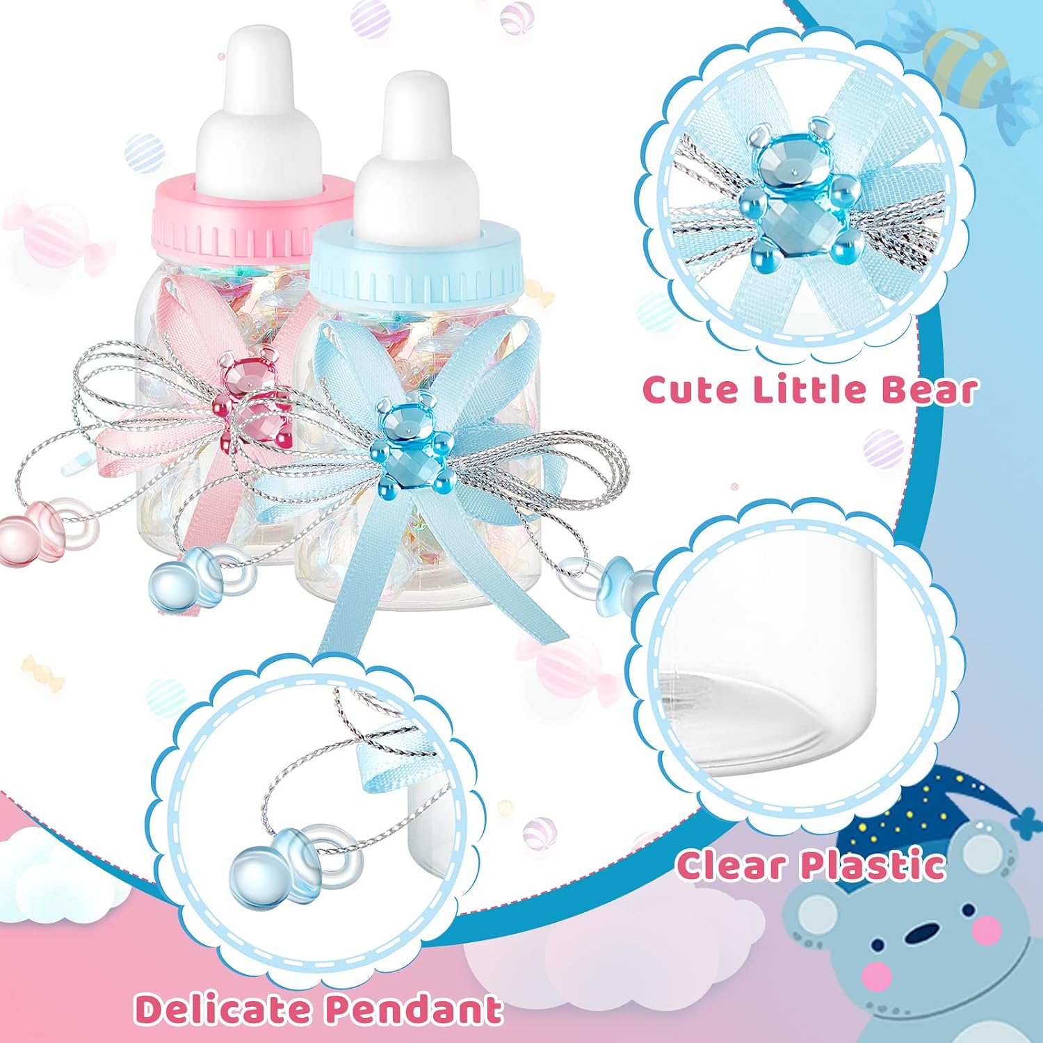 Nuenen 48 Pcs Baby Shower Milk Bottles with Ribbon Plastic Bear Candy Bottles Baby Shower Favors Gender Reveal Wedding Birthday Party Decorations (Blue,Pink)