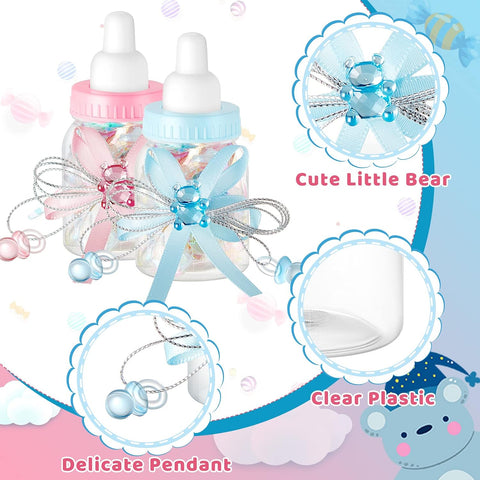 Nuenen 48 Pcs Baby Shower Milk Bottles with Ribbon Plastic Bear Candy Bottles Baby Shower Favors Gender Reveal Wedding Birthday Party Decorations (Blue,Pink)