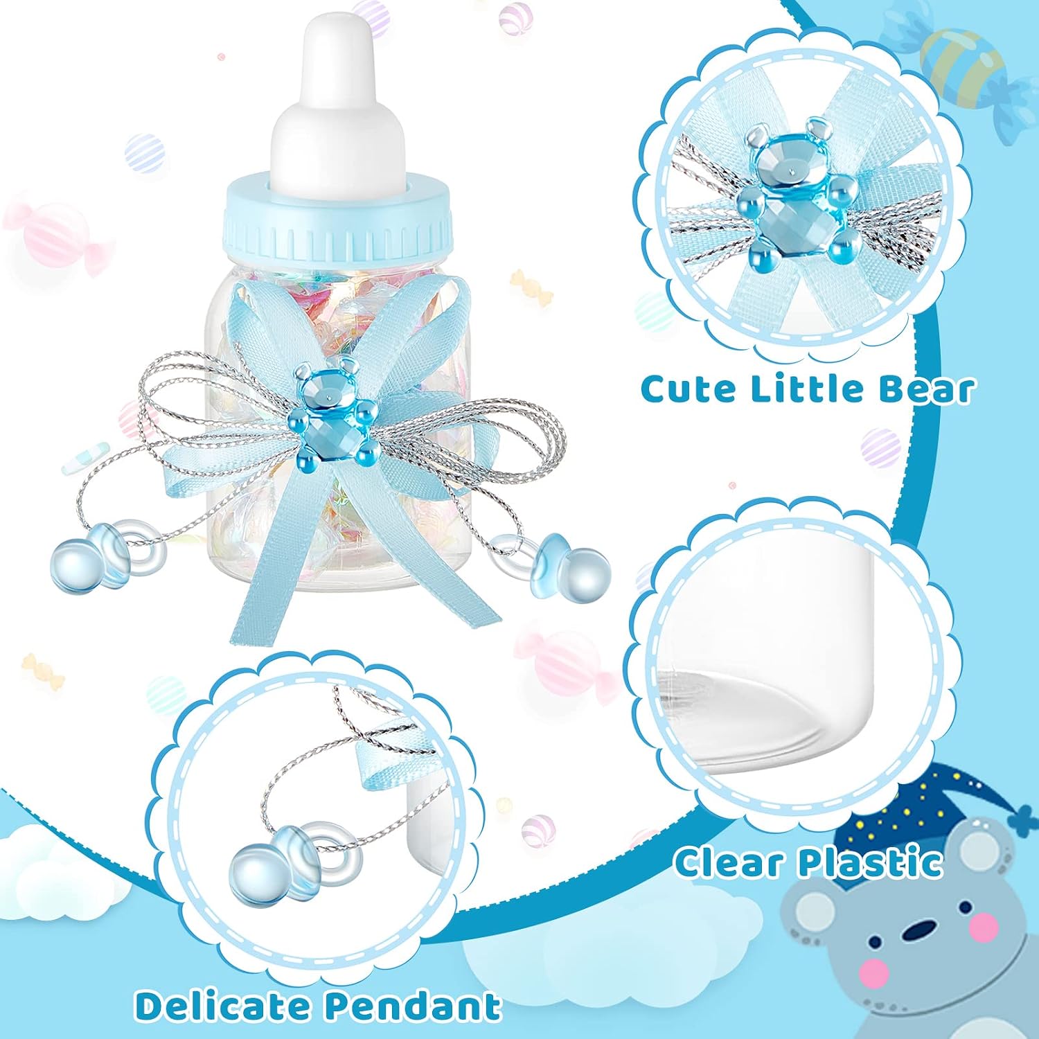 Nuenen 48 Pcs Baby Shower Milk Bottles with Ribbon Plastic Bear Candy Bottles Baby Shower Favors Gender Reveal Wedding Birthday Party Decorations(Blue)