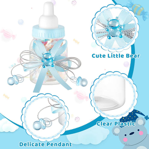 Nuenen 48 Pcs Baby Shower Milk Bottles with Ribbon Plastic Bear Candy Bottles Baby Shower Favors Gender Reveal Wedding Birthday Party Decorations(Blue)