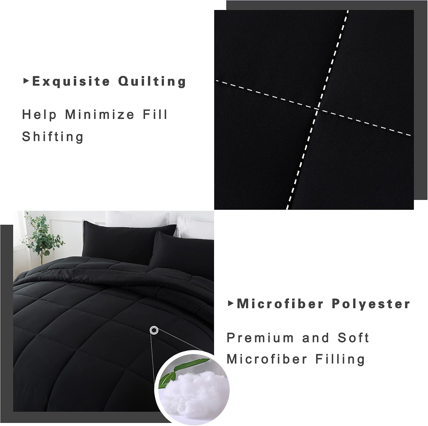 DOWNCOOL Queen Comforter Set -All Season Queen Bed Set with 2 Pillow Cases-3 Pieces Bedding Sets Queen -Down Alternative Black Queen Size Comforter Sets(88"x92")