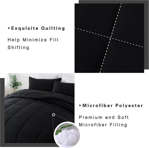 DOWNCOOL Queen Comforter Set -All Season Queen Bed Set with 2 Pillow Cases-3 Pieces Bedding Sets Queen -Down Alternative Black Queen Size Comforter Sets(88"x92")