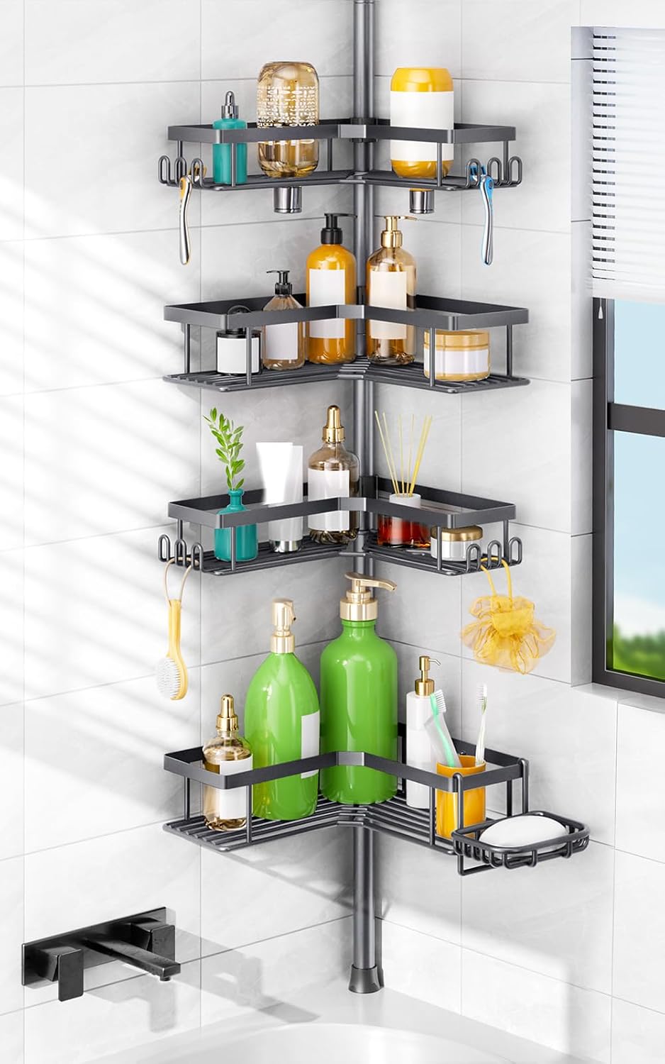 HAMITOR Corner Shower Caddy, 4-Tier Shampoo Shelf Tension Pole, 47-123 inch