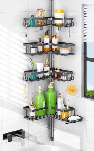 HAMITOR Corner Shower Caddy, 4-Tier Shampoo Shelf Tension Pole, 47-123 inch