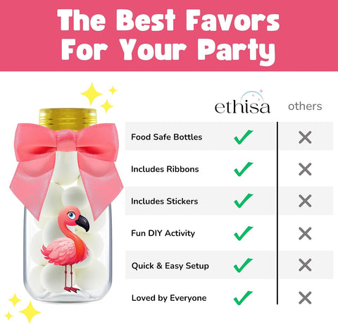 Ethisa Small 12 Pack Flamingo Party Favors - DIY Candy Jars with Ribbons and Stickers - Party Decoration Bottles for Birthday, Baby Shower and Bachelorette - Pink Table Centerpiece for Adults