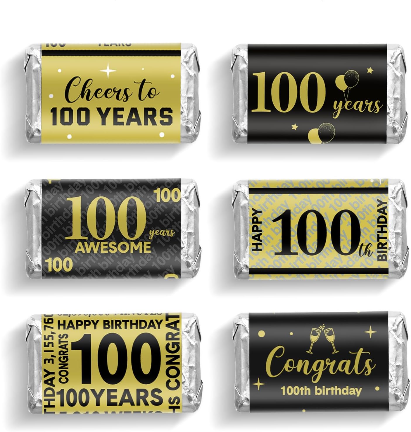 Tenare 90 Pcs 100th Birthday Candy Wrappers, Black and Gold Stickers