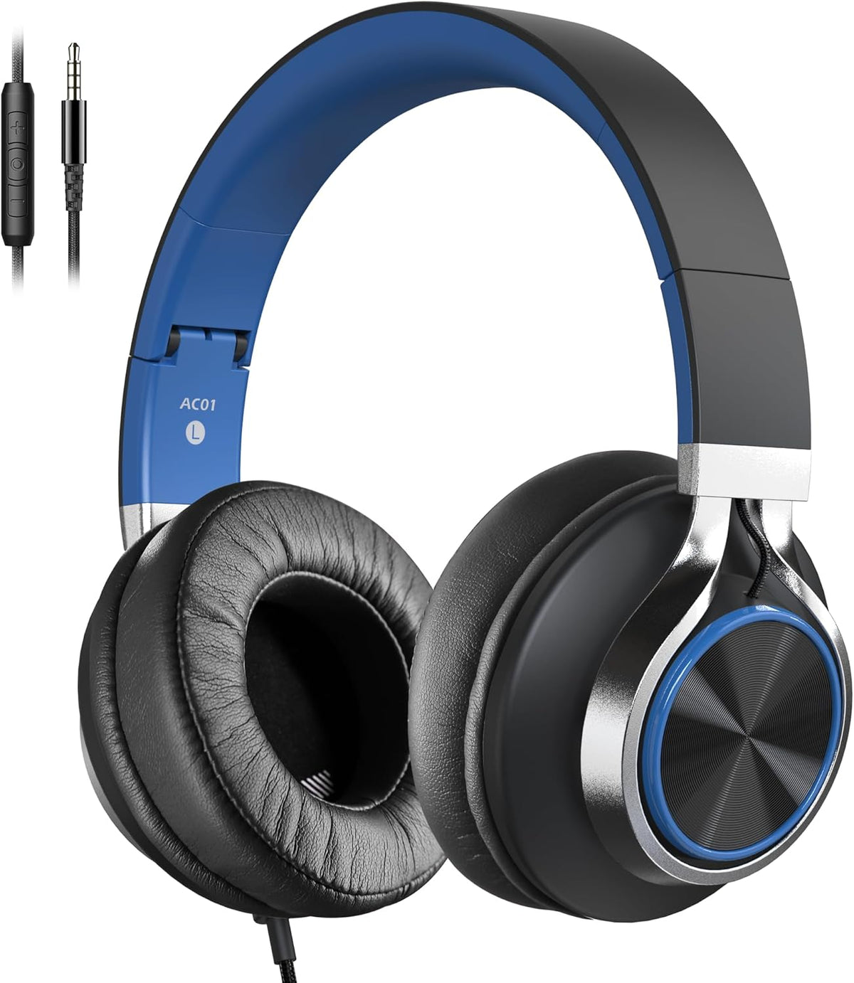 AC01 Over-Ear Headphones Wired with Mic Volume Control, Black Blue