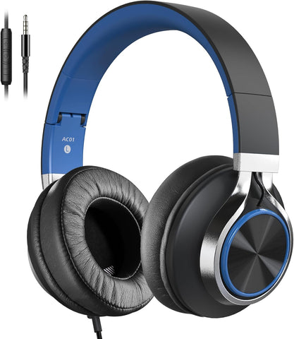 AC01 Over-Ear Headphones Wired with Mic Volume Control, Black Blue