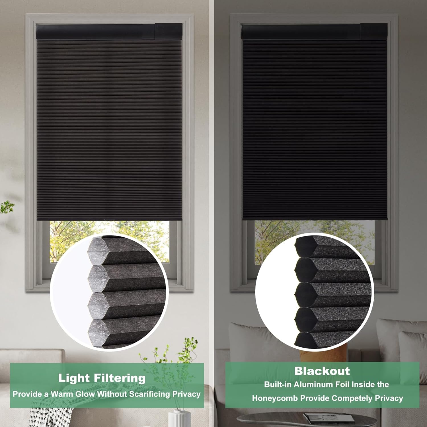 Tonature No Drill Cellular Shades for Indoor Windows, Thermal Insulating & Noise Reducing Honeycomb Blinds, Free Stop Cordless Blackout Shades, Black, 35 1/2" W x 64" H