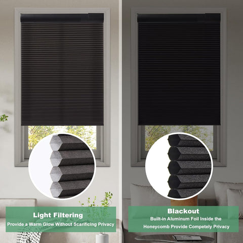 Tonature No Drill Cellular Shades for Indoor Windows, Thermal Insulating & Noise Reducing Honeycomb Blinds, Free Stop Cordless Blackout Shades, Black, 35 1/2" W x 64" H