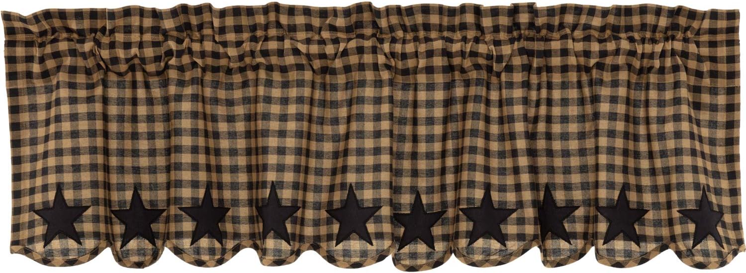 VHC Brands Star Cotton Primitive Kitchen Curtains Rod Pocket Appliqued 16x60 Valance, Raven Black