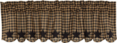 VHC Brands Star Cotton Primitive Kitchen Curtains Rod Pocket Appliqued 16x60 Valance, Raven Black