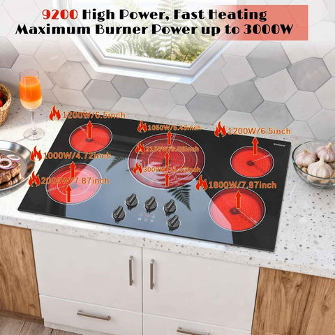 Karinear 36 inch Electric Cooktop, 5 Burner Radiant Ceramic Cooktop,Drop-in