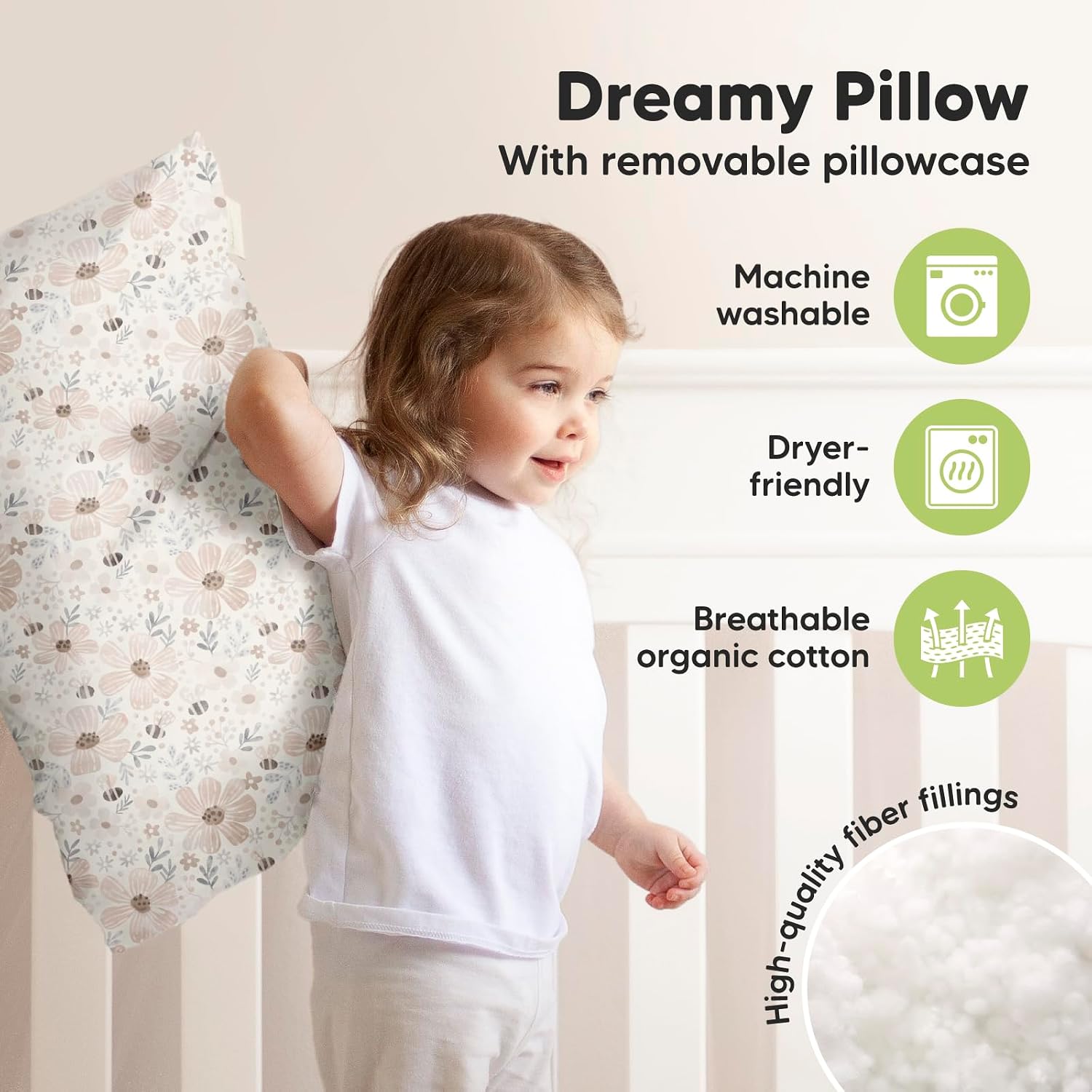 KeaBabies Organic Toddler Pillow with Pillowcase, Jumbo 14X20 (Flora Vale)